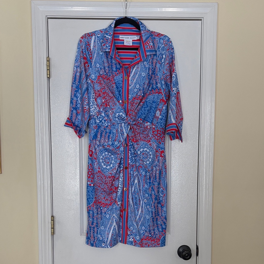 Gretchen Scott Twist & Shout Dress Red and Blue Paisley